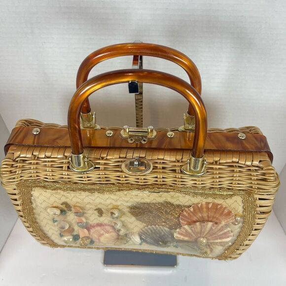 Vintage Atlas Sea Shell Tan Straw Woven Wicker PURSE Pearls Women HANDBAG BAG - Picture 2 of 13